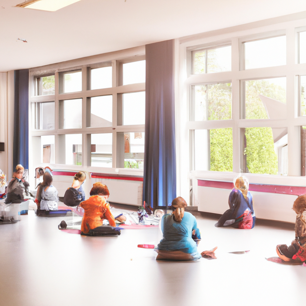 Groepsles met aandachtige ademhaling, diverse studenten in ruime zaal